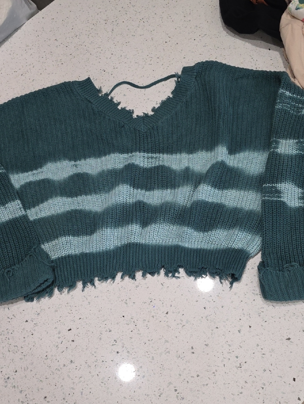 Forever 21 Teal and Light Blue Striped Off-the-Shoulder Sweater